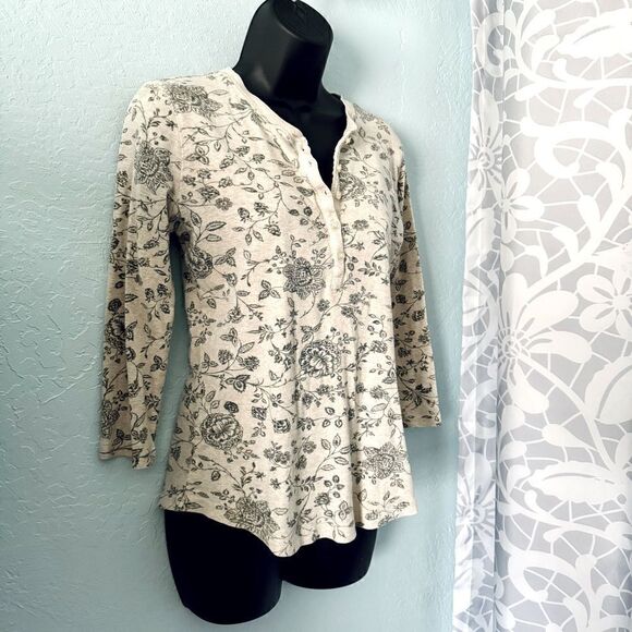 Chaps Cream & Gray Floral 1/4 Button Front Pullover Long Sleeve Shirt Size S/P - Picture 3 of 7